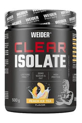 Weider Clear Isolate 500g in Peach Ice Tea flavor, lactose-free, high protein, zero sugar and fat, refreshing protein drink.